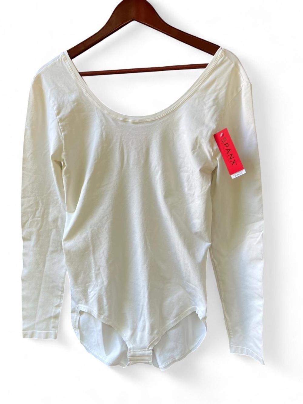 SPANX Cream Long-Sleeve Scoop-Neck Bodysuit